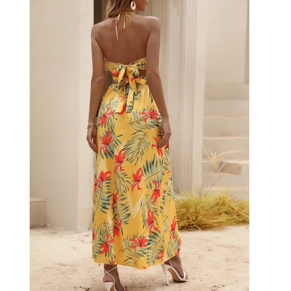 Yellow Boho Tropical Print Backless Maxi Dress V-Neck Floral Flared - Picture 7 of 9